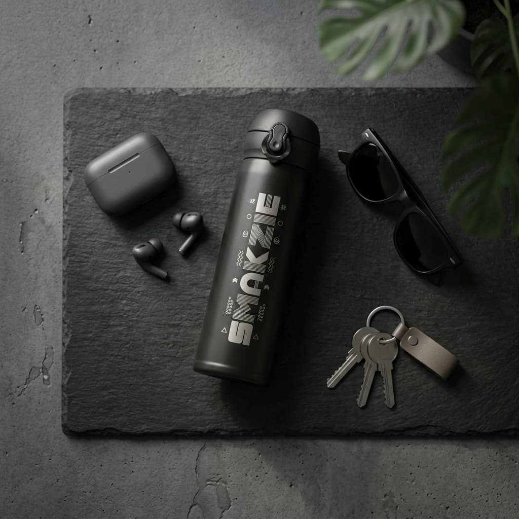 Tumbler Smakzie — Flat lay dengan aksesoris